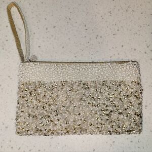 Handmade Beaded wristlet white an gold